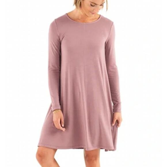 Free Fly Apparel Bamboo Journey All Day Mauve Long Sleeve Swing Dress Large - Picture 1 of 5